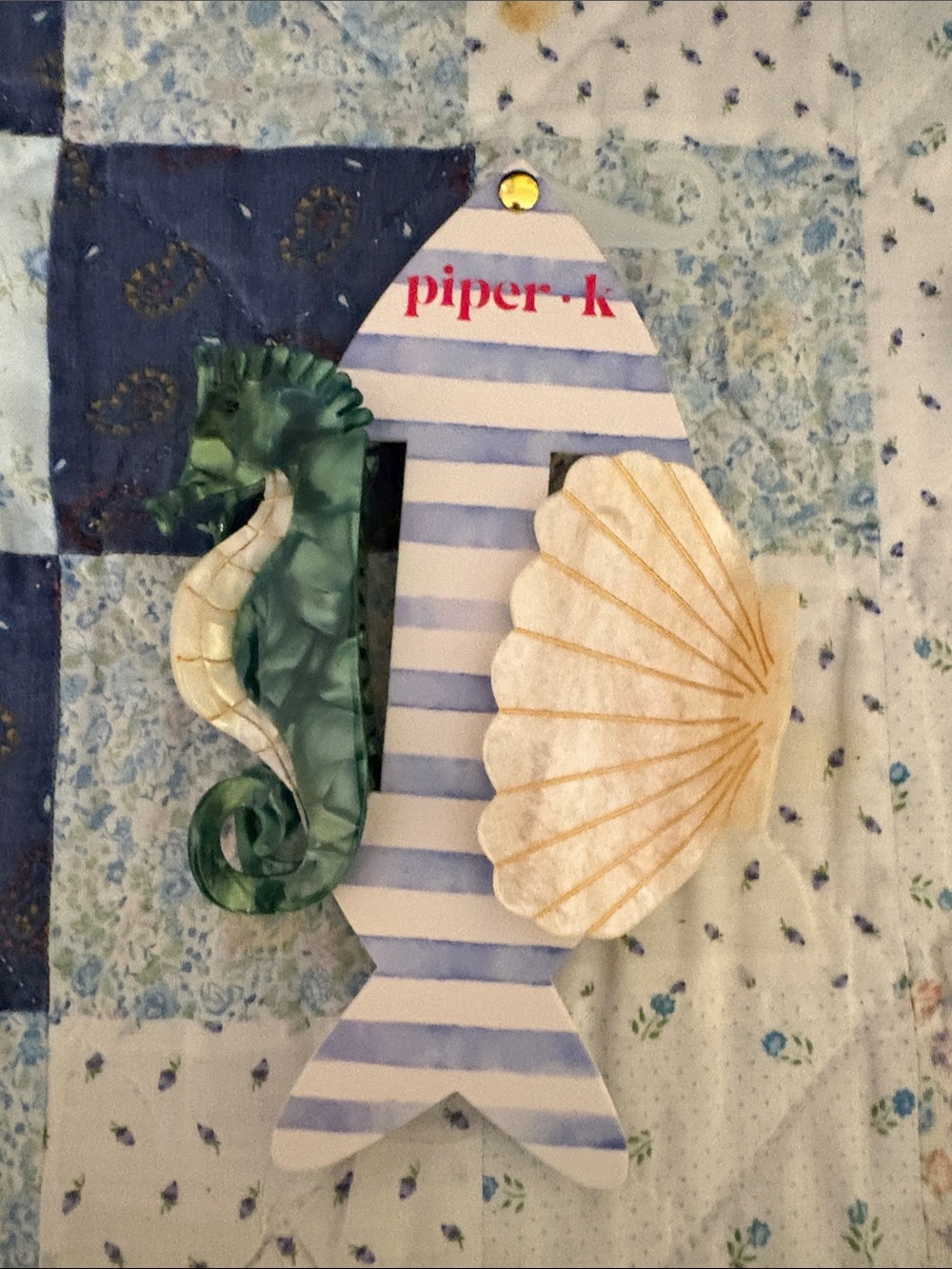 Piper-k Blue & White Striped Hair Styling Brush with Green Accent